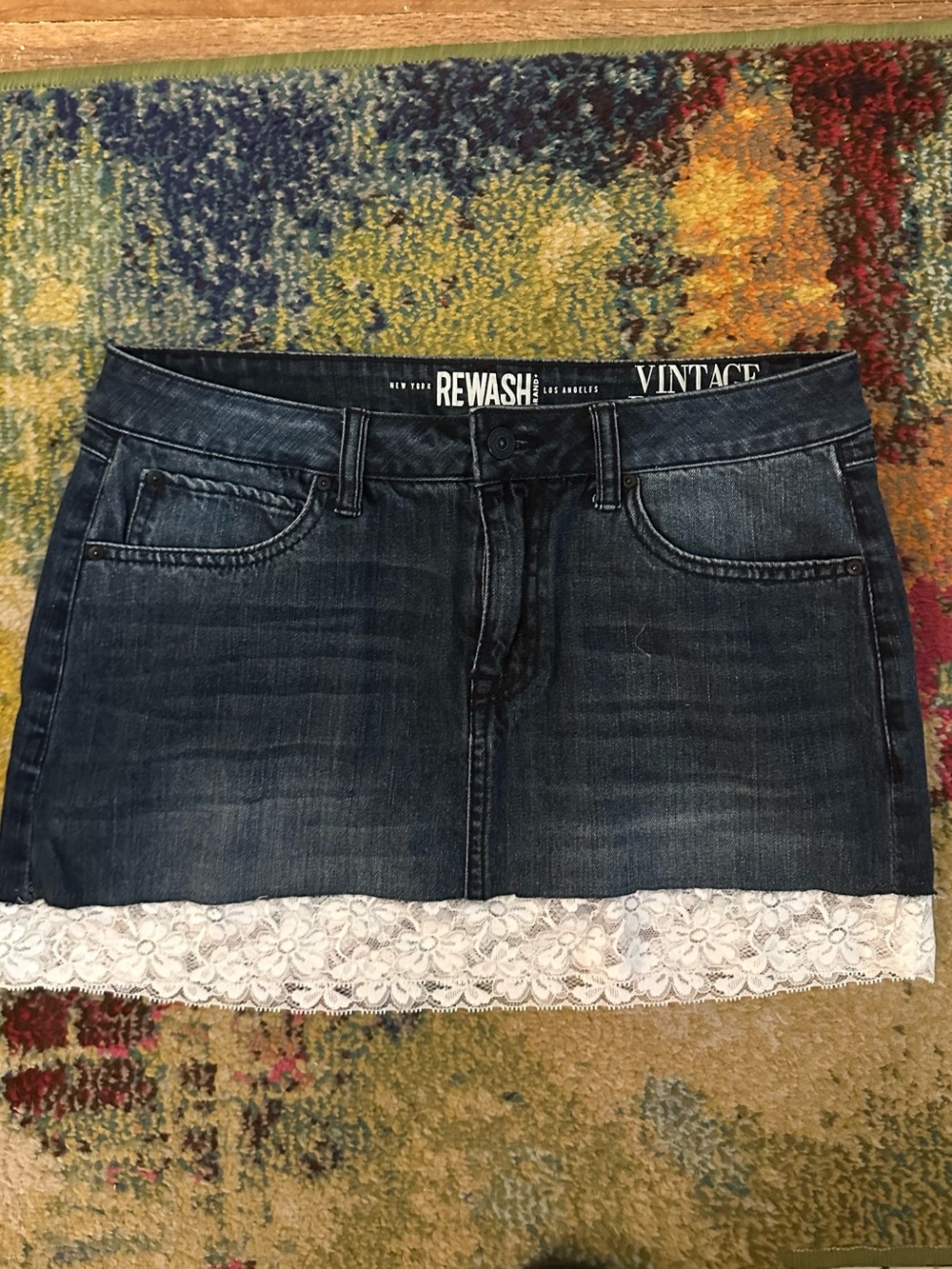 Rewash Dark Blue Denim Mini Skirt with White Lace Hem